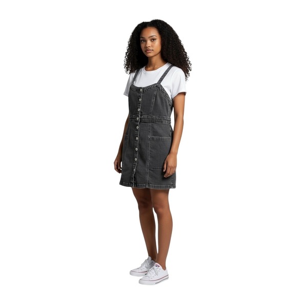 Aeropostale Dresses & Skirts - Aeropostale Dress Large Button Front Fitted Washed Black Denim Overalls